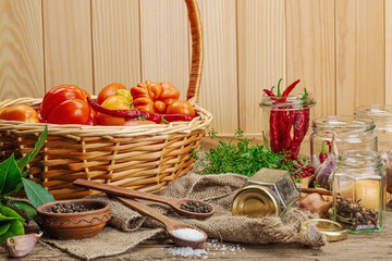 Preserved season vegetable concept. Harvest of tomato, chili, greens, onion and garlic