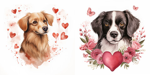 Watercolor dog clipart with hearts

