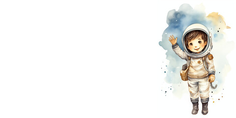 The girl cosmonaut waves her hand. White background, banner with an empty space for text. Watercolor illustration, concept for the Cosmonautics Day. - obrazy, fototapety, plakaty
