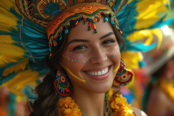 Fototapeta premium Woman in Colorful Headdress Smiles