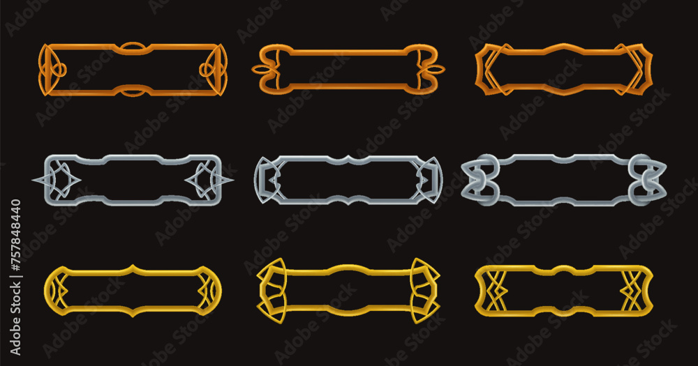 Poster frames medieval game ui. metallic title banners, decorative borders. vector assets for web or game d