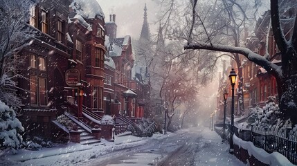 Wintery scene in old town - obrazy, fototapety, plakaty