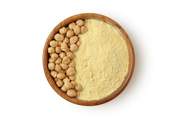 Chickpea beans and flour in wooden bowl on white background