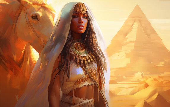 Beautiful Egyptian women and horse in the desert with the pyramids in the background