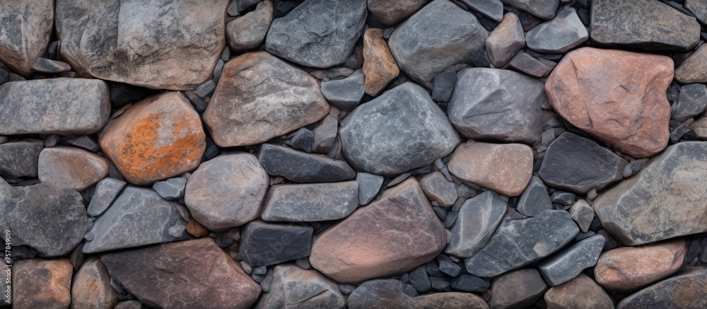 Poster an artistic display of bedrock cobblestones creating a solid rock wall, commonly used as a building 