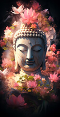 Buddha sculpture and lotus flower.