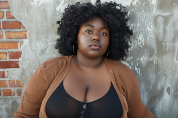 Body positive beautiful african american young woman in a brown jacket and black top close up on brick wall background