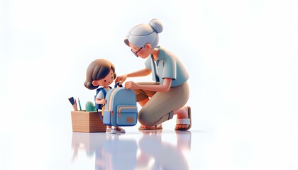 Grandma helps her little granddaughter carry her backpack