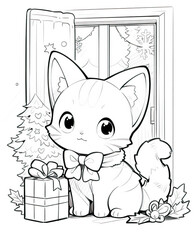 Coloring book for children, Christmas kitten with gifts.