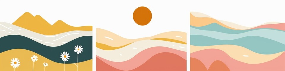 Obraz premium Abstract serene illustration featuring layered mountains with a warm sun and blooming flowers in a calming color palette, invoking a sense of peace and nature's beauty. Great as banner design.