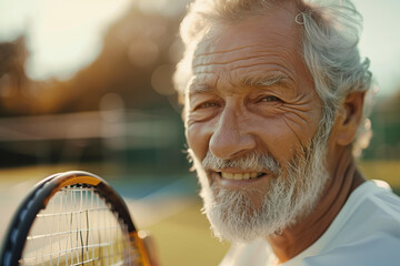 close up portrait of happy senior man playing tennis