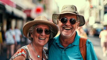 A joyful senior couple wearing hats and sunglasses expressing happiness during their travel