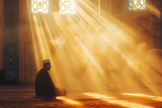 Muslim man praying while sitting on the mosque floor in the sunbeam. Sunlight rays and haze through the window create a serene atmosphere. Ramadan or islamic concept photo with copy space for texts.