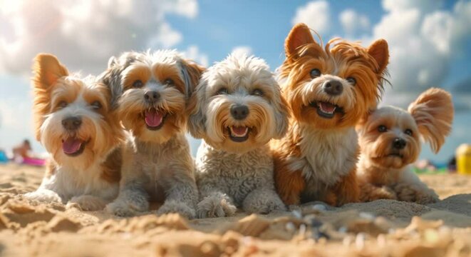 joyful pets on a sandy beach building a sandcastle