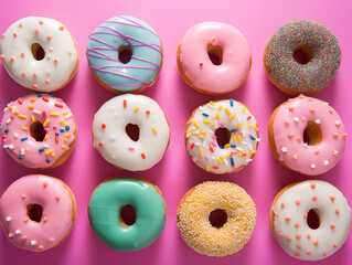 Delicious donuts with sprinkles. Fresh baked donuts. Tasty food background. Sweets and treats backdrop.