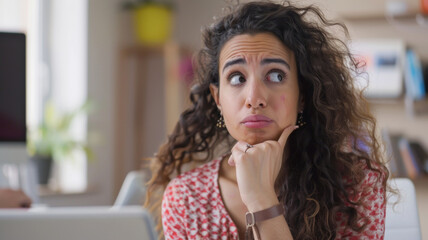 Pensive young woman with curly hair and a quizzical expression in an office setting. - obrazy, fototapety, plakaty
