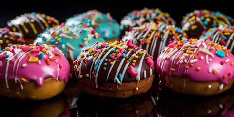Delicious donuts with sprinkles. Fresh baked donuts. Tasty food background. Sweets and treats backdrop.