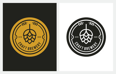 Brewery minimalist logo design, label, badge, emblem with hop. Craft Beer Vintage retro style.