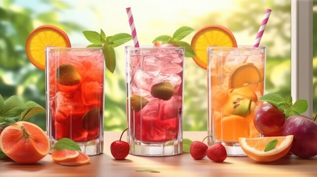 Summer juicy drinks in glasses with ice and pieces of fruits, cooling drink in hot weather, generative AI