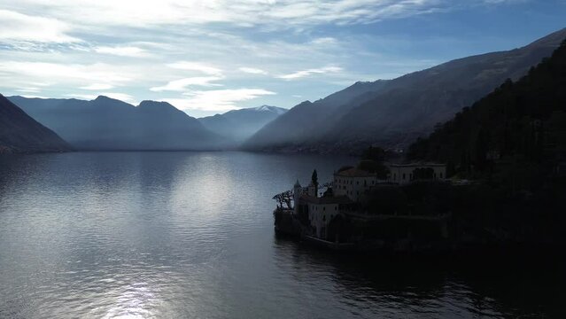 Aerial view of Villa Balbianello peninsula on Lake Como