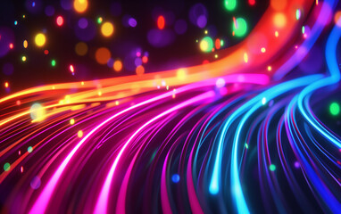 Obraz premium Colorful neon fiber optics network cable on technology background