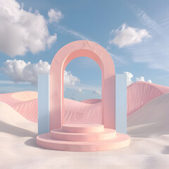Obraz na płótnie Canvas 3D podium with arches in pink blue colors against desert and sky background, Abstract minimalistic podium background for product presentation