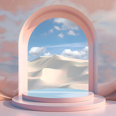 3D podium with arches in pink colors on a background of desert and sky, Abstract minimalistic background in the form of a podium for a product presentation