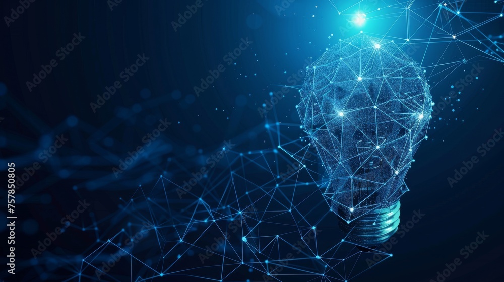 Poster The light bulb is a bright blue glowing light with a low poly design. The background is an abstract geometric pattern. The wireframe structure links the light bulb into the ground. Isolated