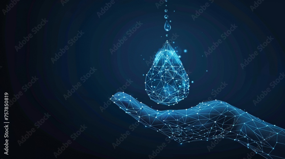 Leinwandbilder An abstract hand holds a drop of water with a blue geometric background. Wireframe lights connect to each other. Modern 3D graphic concept. Isolated  illustration. Low poly style design.