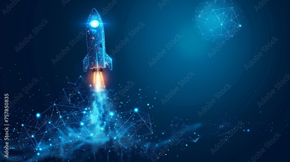Aufkleber A rocket launch with a graph growing up over it. A low-poly style design with a blue geometric background. It shows a modern 3D graphic illustration using wireframe light connections.