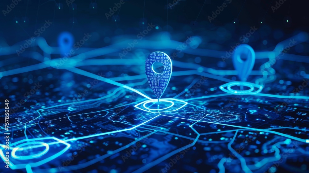 Poster Digital hand set location on a map with two pins. AI technology in GPs, innovation delivery, map location, future transport logistics, route path concept. GPs point. New office location, address