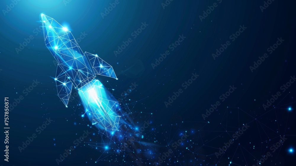 Leinwandbilder isolated illustration of an abstract blue glowing light bulb rocket launch. abstract geometric backg