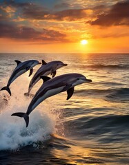 A group of playful dolphins leaping out of the water in perfect synchronization, against a backdrop of a vibrant sunset