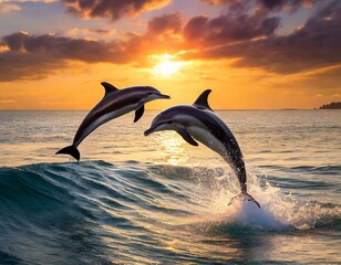 A group of playful dolphins leaping out of the water in perfect synchronization, against a backdrop of a vibrant sunset
