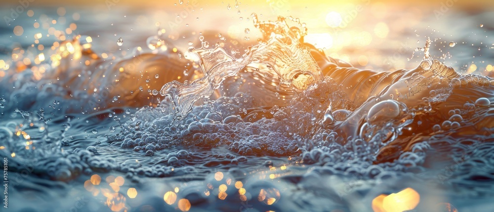 Poster Desaturated transparent clear calm water surface texture with splashes and bubbles. Trendy abstract nature background. White-grey water waves in sunlight.