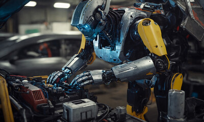 Fototapeta premium A robot fixing a car as a mechanic doing labor work in the future