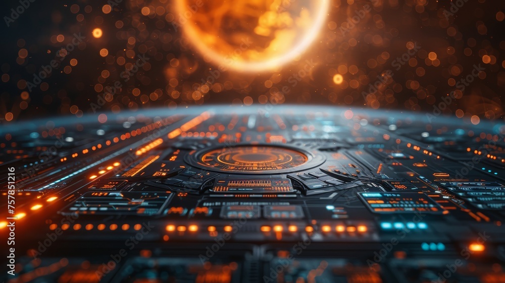 Fototapete With a planet hologram over a blue background, this immersive digital HUD interface displays business infographics and data representations of the business. Detailed 3D rendering image.