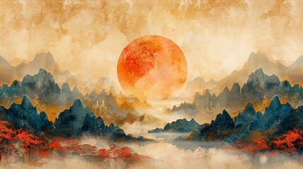 Painting on abstract background. Chinese style, artistic conceptionl landscape painting with golden details. Ink landscape painting. Modern Art. Prints, wallpapers, posters, murals, carpets.