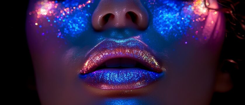 Woman with metallic silver lips and face posing in bright neon blue and purple lights, beautiful girl with glowing make-up, color make-up.