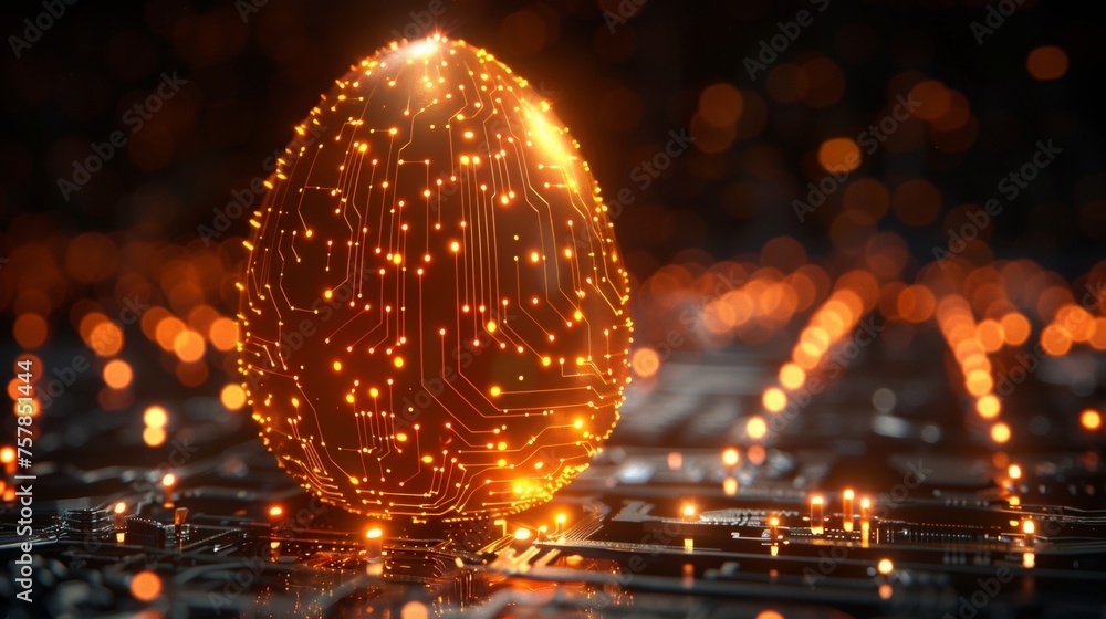 Poster The abstract 3D egg is textured with circuit board texture, a futuristic design. Glowing digital modern illustration.