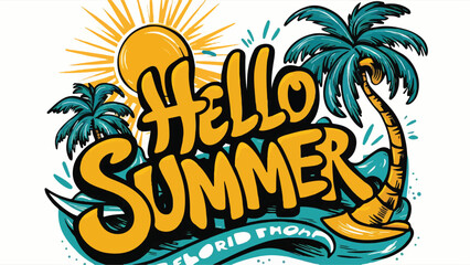 A cheerful, lively T-shirt design featuring a whimsical hand-drawn illustration of a radiant sun, palm trees gently swaying in the breeze, and a riding Florida waves. The bold, eye-catching typography