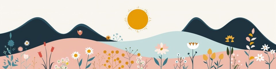 Fototapeta premium Abstract serene illustration featuring layered mountains with a warm sun and blooming flowers in a calming color palette, invoking a sense of peace and nature's beauty. Great as banner design.