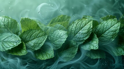 This is a light fresh effect on a blue background. It is ideal to apply to fresheners, cleaners and to give menthol aroma to your products. An air flow from mint leaves is shown. - obrazy, fototapety, plakaty
