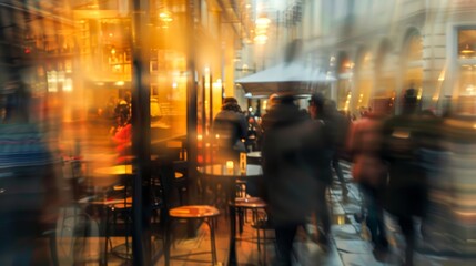 The hustle of city dwellers as seen through the blurred glass of a busy café creates a mysterious and dynamic atmosphere