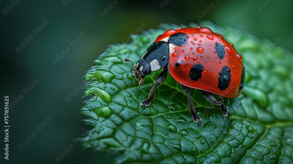 Poster an image of a ladybug sitting on a green leaf.