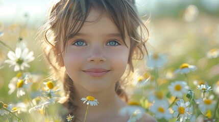 Little girl in a spring meadow with wildflowers