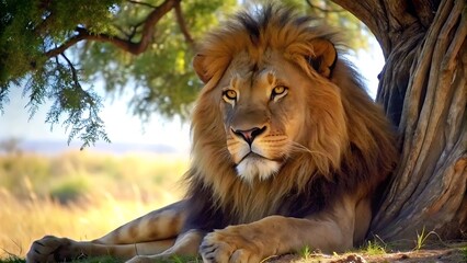 Naklejka na ściany i meble Generative ai. A majestic lion resting in the shade of a tree