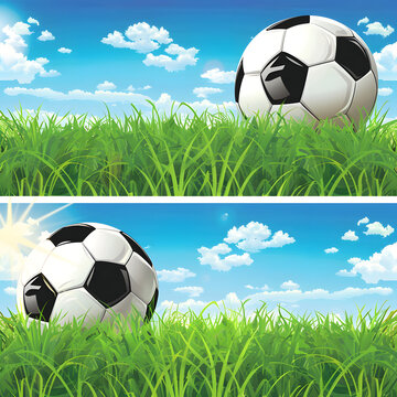 illustration of a football ball on a background of lawn and sky, background image with place for text