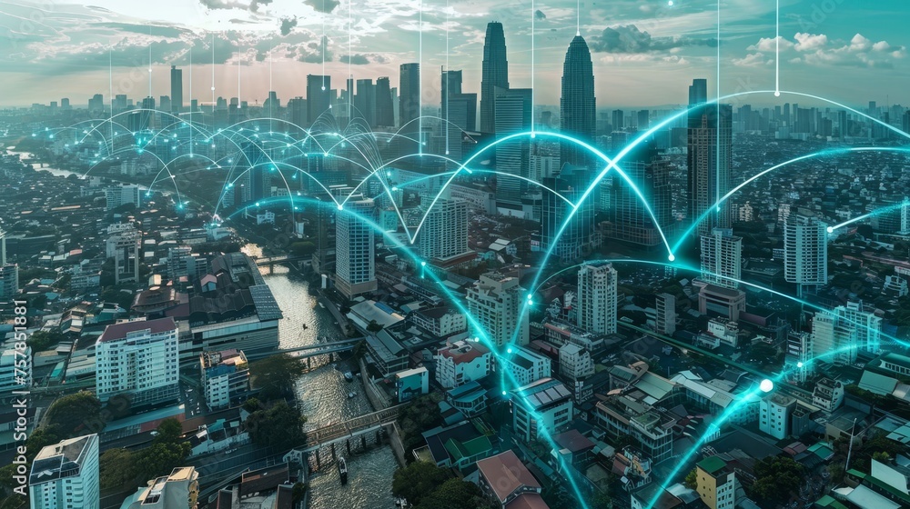 Poster a smart city and communications network concept based on 5g technology, lpwa (low power wide area), 