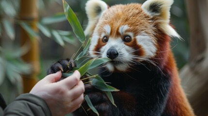 Arboreal exhibit with hands offering bamboo leaves to an adorable red panda
